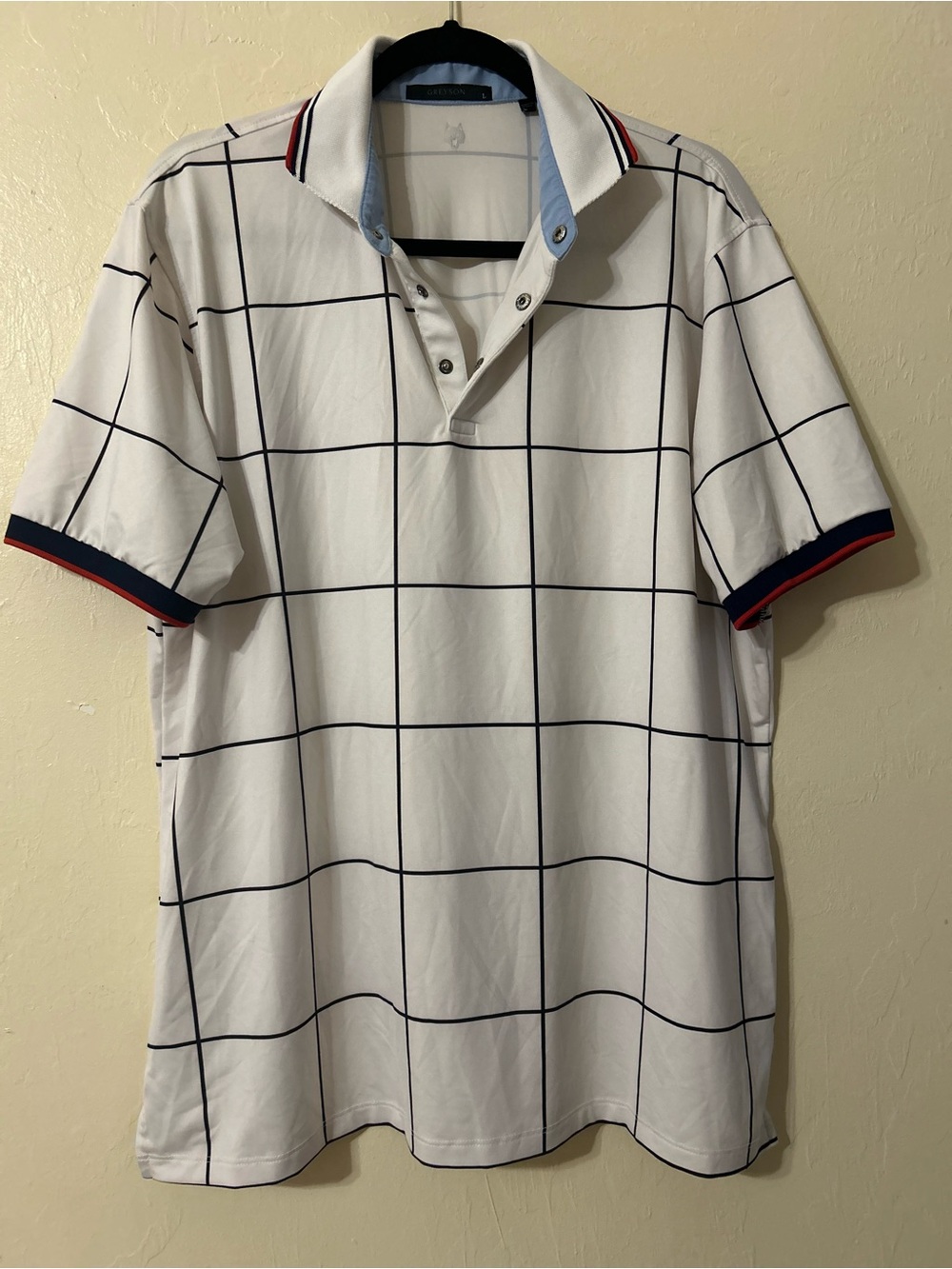 Greyson White Polo with Navy Windowpane and Red Trim
